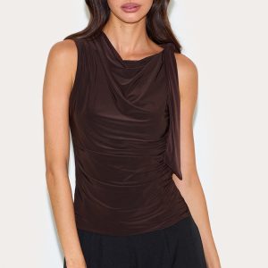 Chocolate Double Layer Slinky Shoulder Tie Detail Top