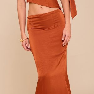Rust Mid Rise Satin Maxi Skirt