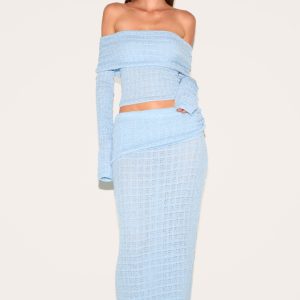 Blue Fold Over Textured Knit Skirt