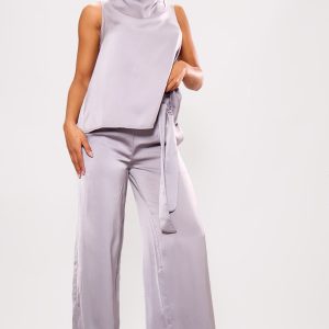 Silver Grey Satin Tailored Belted Wide Leg Trousers