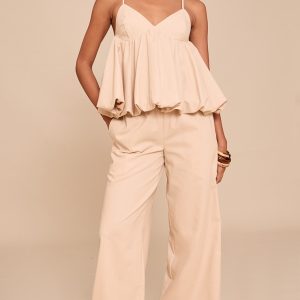 Sand Wide Leg Drawstring Trousers