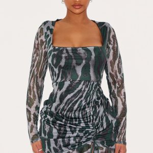 Shape Green Abstract Print Mesh Long Sleeve Ruched Side Frill Hem Bodycon Dress