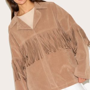 Beige Faux Suede Heavy Fringed Jacket - Beige, M
