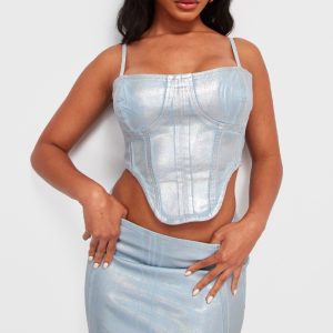 Silver Metallic Coated Denim Corset Top