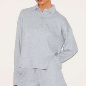 Tall Grey Marl Loopback Oversized Polo Detail Sweatshirt