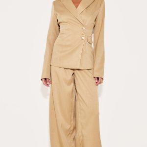 Sand Woven Tailored Wide Leg Trousers