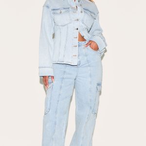 Shape Light Blue Stretch Denim Highwaisted Turn Up Hem Cargo Jeans