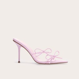 Pink Wide Fit Pu Point Toe Multi Bow High Stiletto Heeled Mules