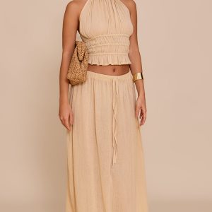 Sand Mid Rise Textured Maxi Skirt