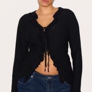 11cf6905b654669f55d2718bbe1303a515b62981_CNH3152_1_plus_black_textured_knit_frill_detail_tie_front_top