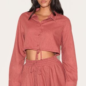 Rust Linen Look  Drawstring Puff Ball Skirt