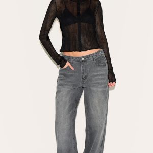 Washed Grey Button Detail Wide Leg Jeans
