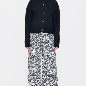 White And Black Leopard Print Turn Up Hem Wide Leg Jeans