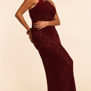 Plus Burgundy Crochet Maxi Halter Neck Beach Dress
