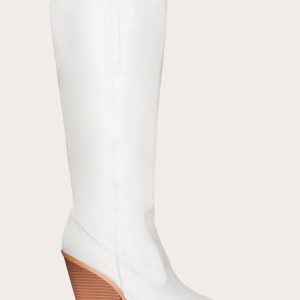 Cream Faux Suede Point Toe Western Knee High Heeled Boots