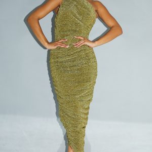 Gold Glitter Plisse Ruched One Shoulder Midi Dress