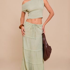 Sage Green Cheesecloth Floaty Drawstring Maxi Skirt