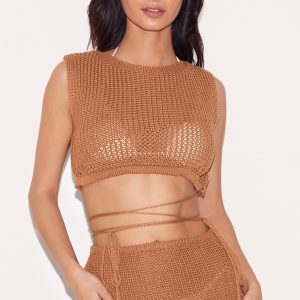 Brown Crochet Trim Detail High Neck Beach Top