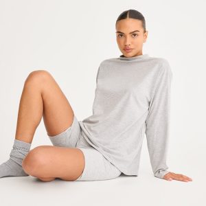 Grey Cotton Basic Oversized Long Sleeve T-shirt