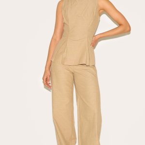 Sand Striped Cotton Wide Leg Trousers