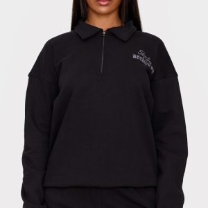 PRETTYLITTLETHING Black Premium Studio Archives Print Collared Sweatshirt