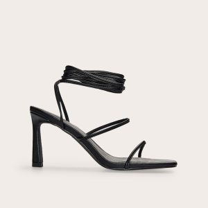 Black Pu Square Toe Strappy Lace Up Mid Stiletto Heeled Sandals