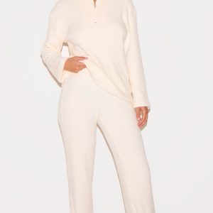 Cream Textured Soft Rib Mid Rise Straight Leg Trousers