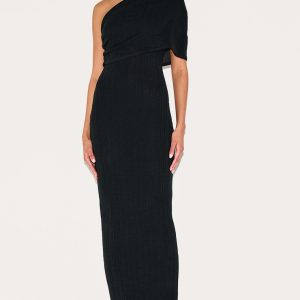 Black Textured Extreme Bardot Maxi Dress