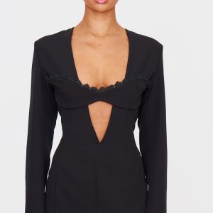 Black Woven Lace Trim Detail Blazer Dress
