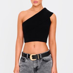 Black Soft Rib Knit One Shoulder Fold Over Crop Top