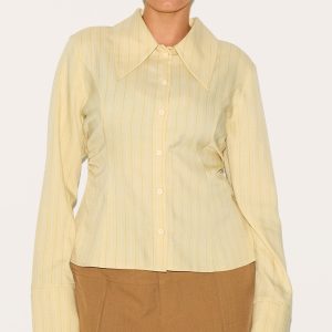 Plus Yellow Pinstripe Oversized Collar Fitted Shirt