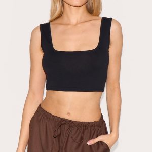 Basic Black Cotton Blend Square Neck Crop Vest