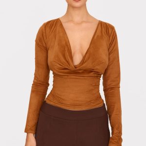 Tan Faux Suede Cowl Neck Long Sleeve Top