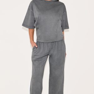 Charcoal Cotton Straight Leg Mid Rise Drawstring Trousers