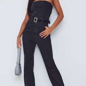 Tall Black Bandeau Denim Straight Leg Jumpsuit