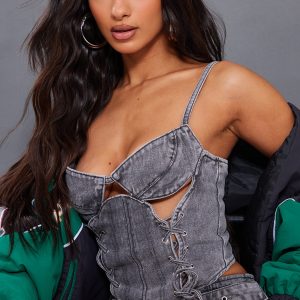 Petite Grey Acid Wash Denim Lace Up Corset