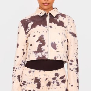 Multi Cow Print Faux Suede Cropped Jacket