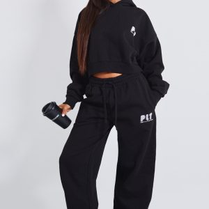 Petite Premium Black Printed Straight Leg Joggers - Black, XS