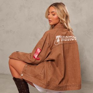 Washed Brown Tennessee Slogan Oversized Denim Jacket