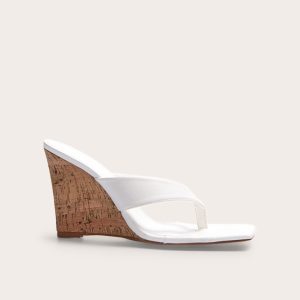 White Pu Round Toe Thong Heeled Wedges