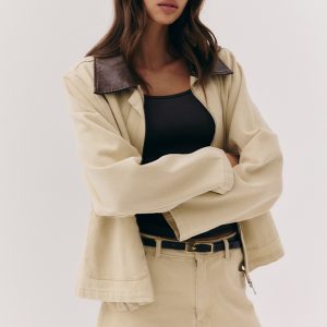 Beige Brown Collar Denim Jacket - Beige, 6