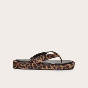 Leopard Satin Round Toe Thong Flatform Sandals