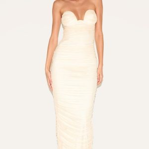 Almond Mesh Ruched Bandeau Maxi Dress
