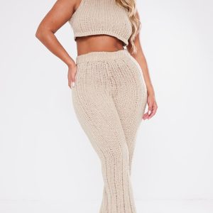 Shape Oatmeal Knit High Waist Flare Trousers