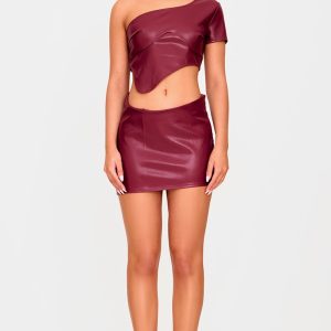 Burgundy Faux Leather Asymmetric Hem Mini Skirt