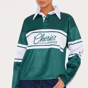 Forest Green Striped Graphic Varsity Collared Sweatshirt