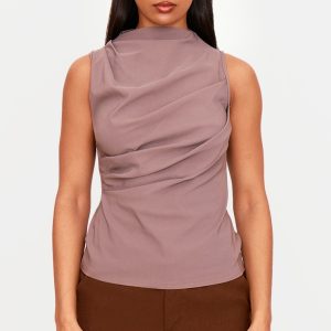 Mushroom Bengaline Ruched Fitted Long Top