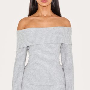 Petite Grey Ribbed Bardot Long Top