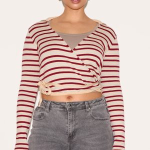 Shape Cream Knitted Striped Tie Waist Collared Jumper