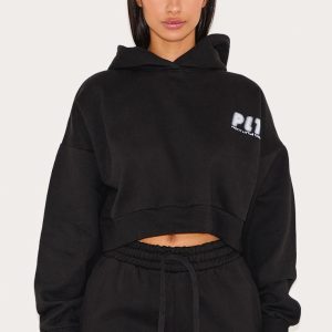 Petite Premium Black Printed Boxy Hoodie - Black, XS